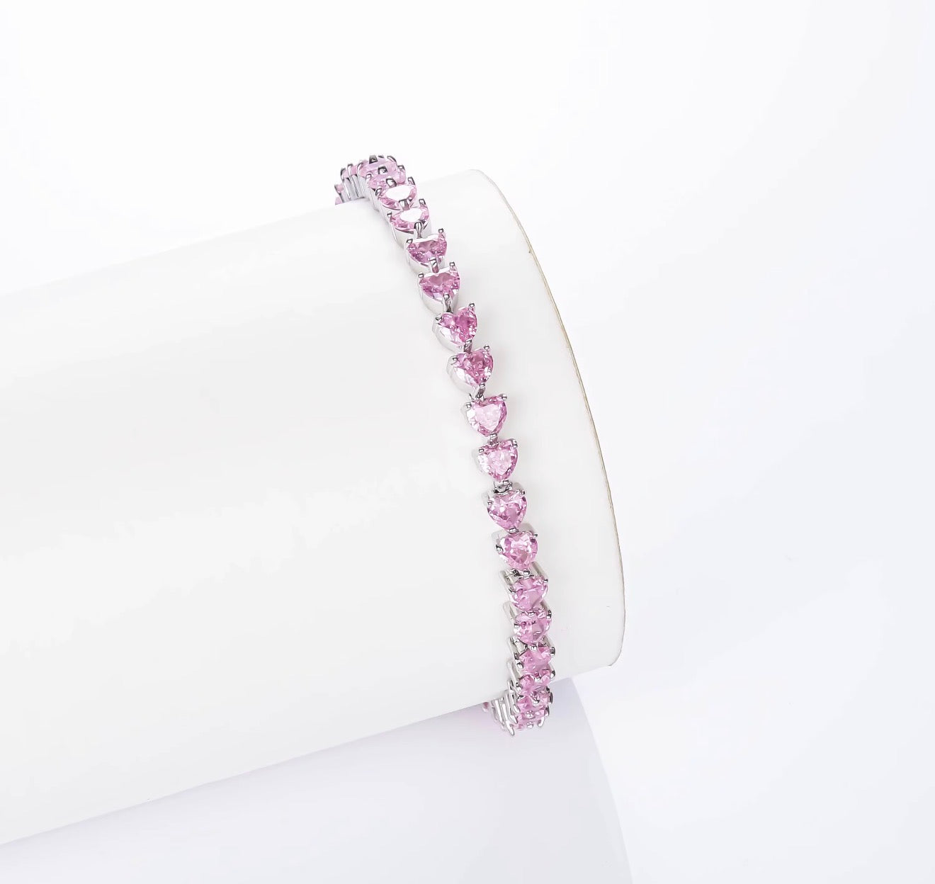 Tenisový náramok Pink Heart - ružové zirkóny, striebro 925