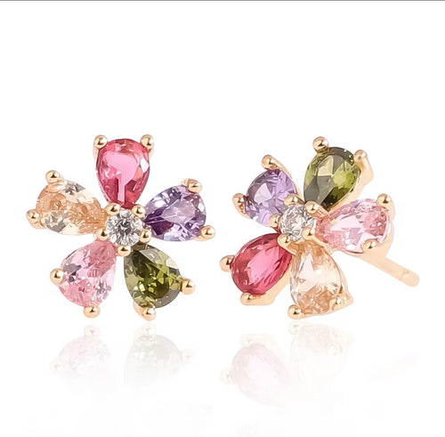 Náušnice Spring Flower - pozlátené striebro 925 s farebnými zirkónmi