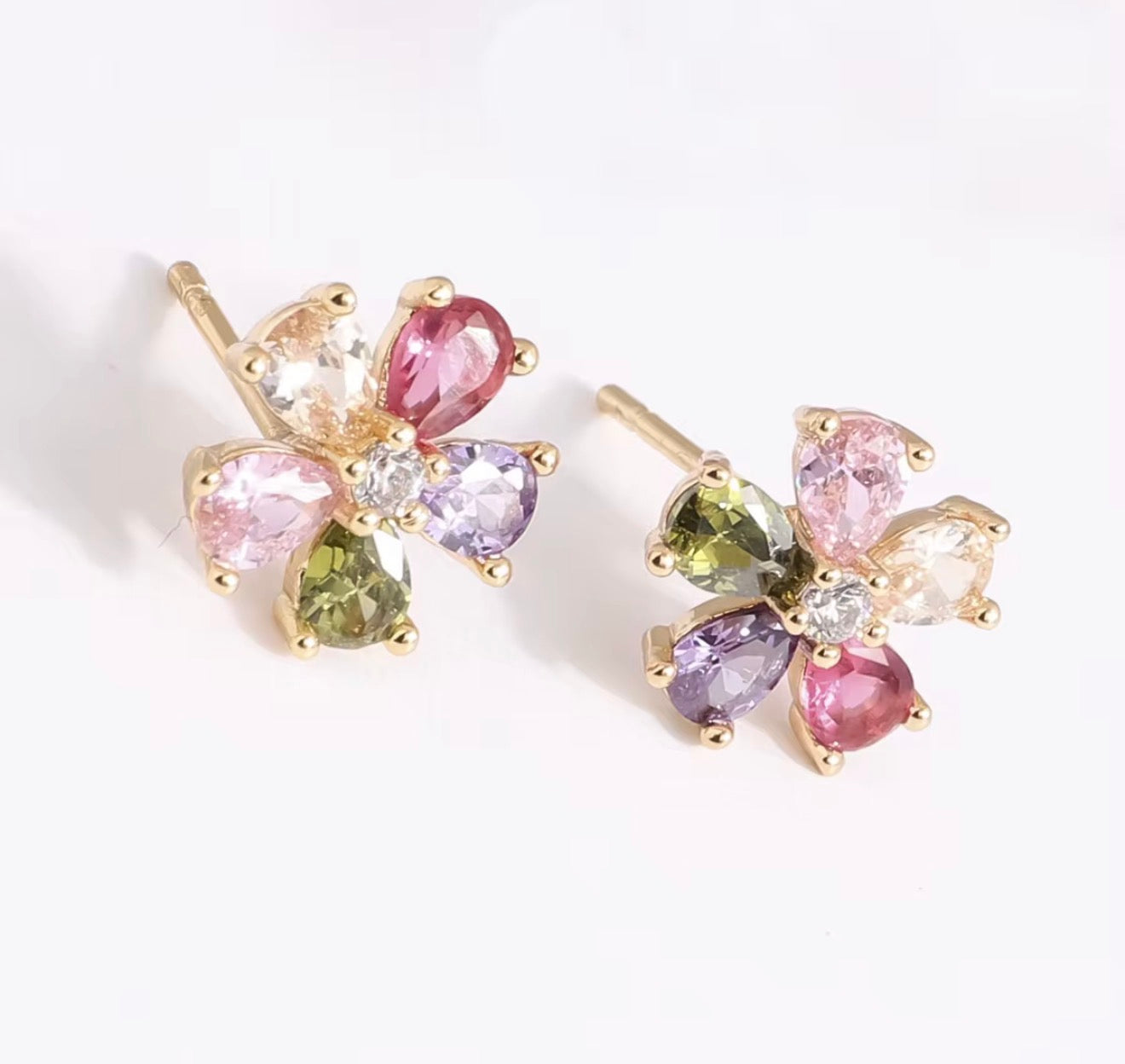 Náušnice Spring Flower - pozlátené striebro 925 s farebnými zirkónmi
