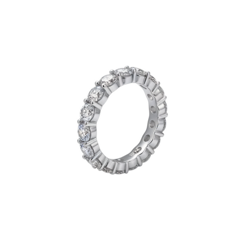 Claw sterling silver 925 eternity ring with moissanite stones, rhodium finish. Symbol of infinite love, ideal for weddings or anniversaries.