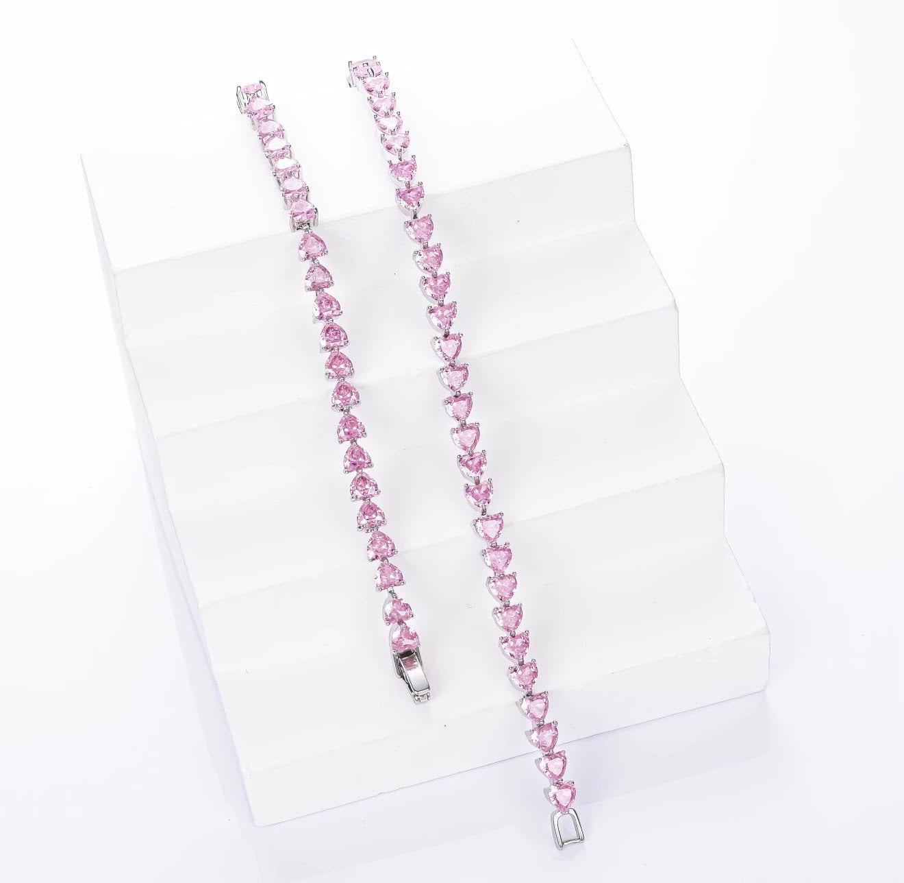 Tenisový náramok Pink Heart - ružové zirkóny, striebro 925